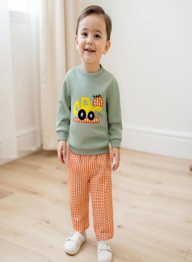 Mobbdow Toddler Baby Boy Halloween Outfit Pumpkin Excavator/Tractor Embroidery Long Sleeve Sweatshirt and Plaid Pants Set (B-Light Green, 12-18 Months) - Image 2
