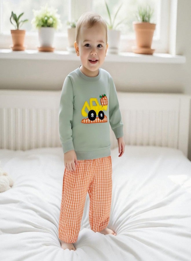Mobbdow Toddler Baby Boy Halloween Outfit Pumpkin Excavator/Tractor Embroidery Long Sleeve Sweatshirt and Plaid Pants Set (B-Light Green, 12-18 Months) - Image 3