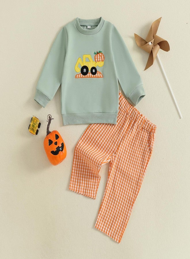 Mobbdow Toddler Baby Boy Halloween Outfit Pumpkin Excavator/Tractor Embroidery Long Sleeve Sweatshirt and Plaid Pants Set (B-Light Green, 12-18 Months) - Image 5