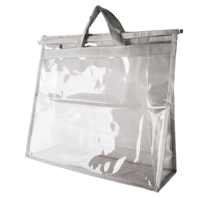 CLEAR PVC HANDBAG DUSTFREE COVER MOISTUREPROOF PURSE STORAGE BAG ORGANIZER WITH HANDLE ZIPPER SPACESAVE HOLDER FOR CLOSET GREY XXL