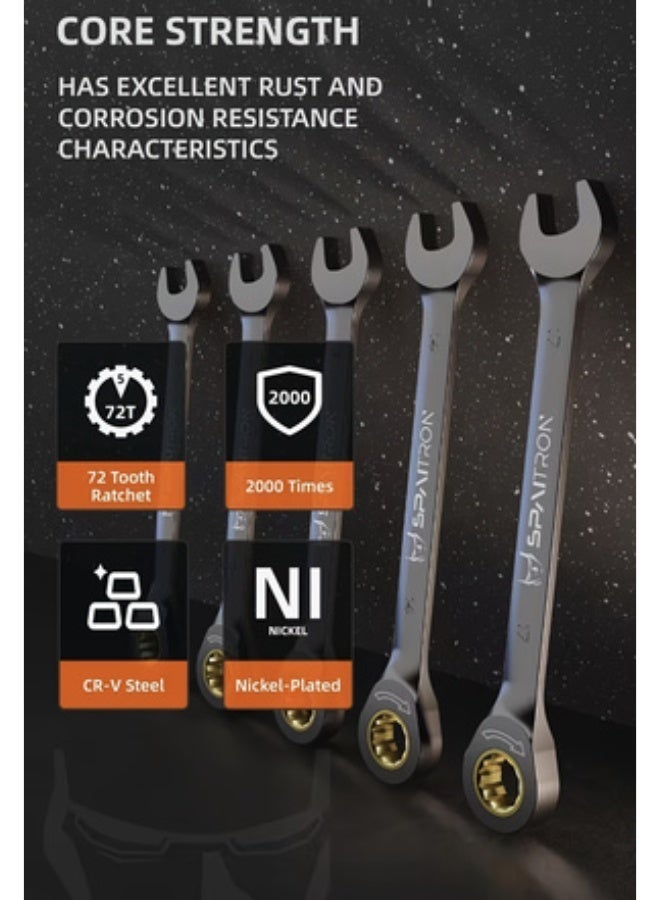 SPAITRON 8pcs Professional Ratcheting Wrench Set, Metric (8-19mm), 72-Teeth CR-V Steel Gear Spanner with Portable Organizer, Premium Black Anti-Rust Finish, Heavy Duty Mechanic Tool Kit for Car Repair & DIY - Image 2