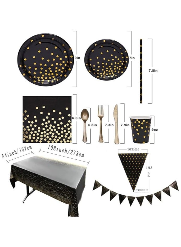 Raxoom 98 Pieces Black Gold Party Supplies Party Tableware With plates,cups,napkins,forks, knives, spoons,straws, banner, tablecloth for Weddings, Anniversary, Birthday-12 Guests(Black-Gold) - Image 1