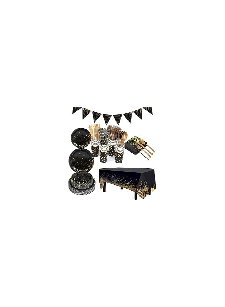 Raxoom 98 Pieces Black Gold Party Supplies Party Tableware With plates,cups,napkins,forks, knives, spoons,straws, banner, tablecloth for Weddings, Anniversary, Birthday-12 Guests(Black-Gold) - Image 2