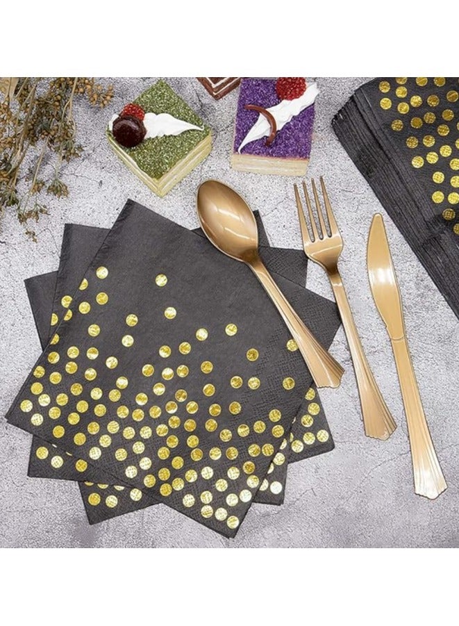 Raxoom 98 Pieces Black Gold Party Supplies Party Tableware With plates,cups,napkins,forks, knives, spoons,straws, banner, tablecloth for Weddings, Anniversary, Birthday-12 Guests(Black-Gold) - Image 4