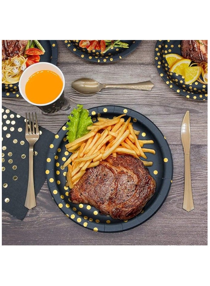 Raxoom 98 Pieces Black Gold Party Supplies Party Tableware With plates,cups,napkins,forks, knives, spoons,straws, banner, tablecloth for Weddings, Anniversary, Birthday-12 Guests(Black-Gold) - Image 5