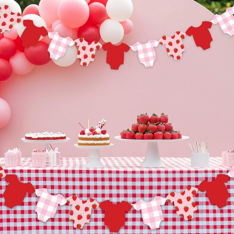 Whaline Strawberry Baby Shower Banner Hanging Garland Red Pink White Plaid Fruit Bodysuit Hanging Banner for Gender Reveal Birthday Party Home Wall Window Decor - Image 4