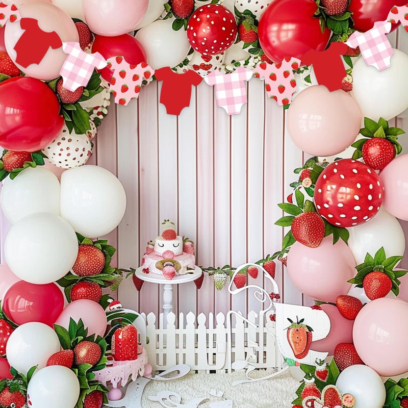 Whaline Strawberry Baby Shower Banner Hanging Garland Red Pink White Plaid Fruit Bodysuit Hanging Banner for Gender Reveal Birthday Party Home Wall Window Decor - Image 5