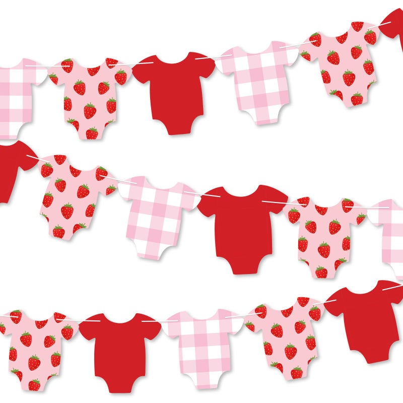 Whaline Strawberry Baby Shower Banner Hanging Garland Red Pink White Plaid Fruit Bodysuit Hanging Banner for Gender Reveal Birthday Party Home Wall Window Decor - Image 1