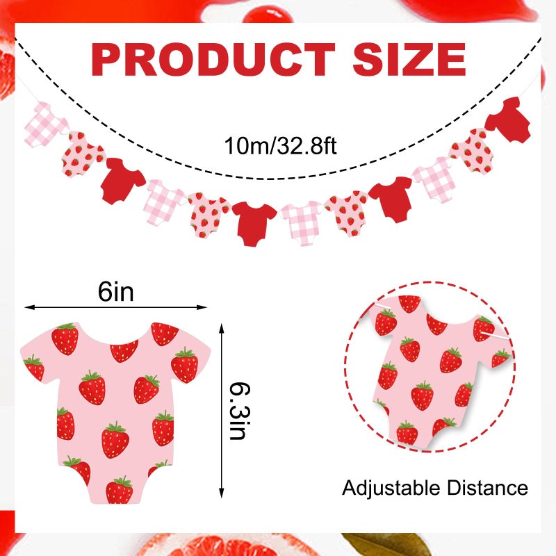 Whaline Strawberry Baby Shower Banner Hanging Garland Red Pink White Plaid Fruit Bodysuit Hanging Banner for Gender Reveal Birthday Party Home Wall Window Decor - Image 2