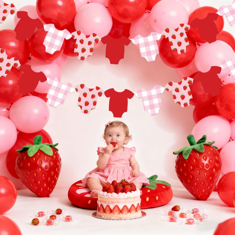Whaline Strawberry Baby Shower Banner Hanging Garland Red Pink White Plaid Fruit Bodysuit Hanging Banner for Gender Reveal Birthday Party Home Wall Window Decor - Image 3