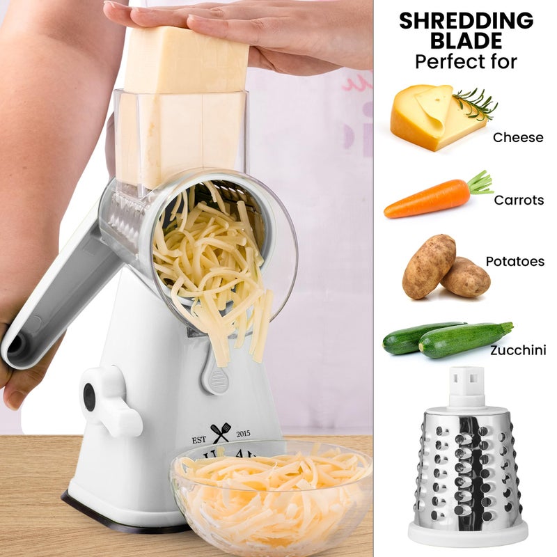 Zulay Kitchen Cheese Grater Hand Crank, Grater For Kitchen With Reinforced Suction - Rotary Cheese Grater With 3 Replaceable Stainless Steel Blades - Easy to Use & Clean - Vegetable Cutter - White - Image 4