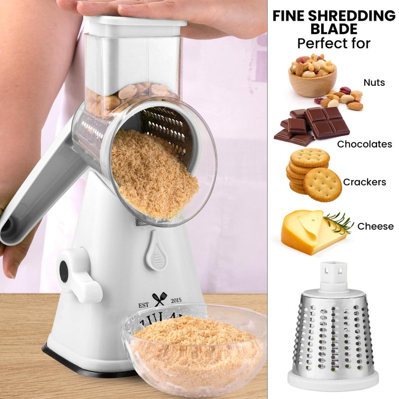 Zulay Kitchen Cheese Grater Hand Crank, Grater For Kitchen With Reinforced Suction - Rotary Cheese Grater With 3 Replaceable Stainless Steel Blades - Easy to Use & Clean - Vegetable Cutter - White - Image 5