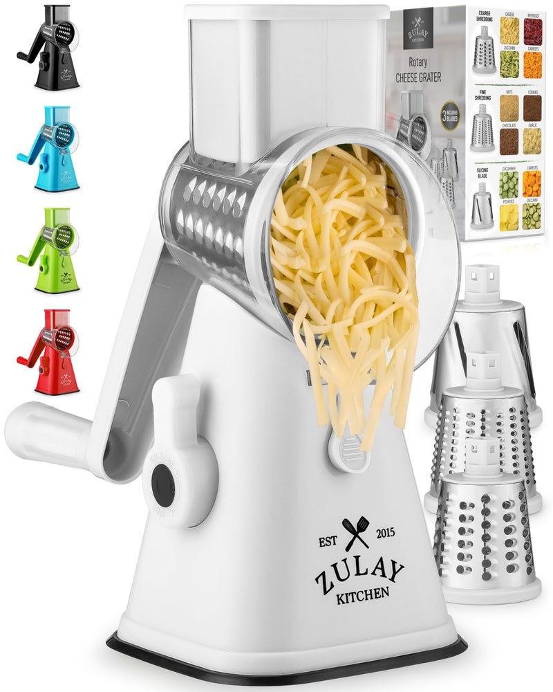 Zulay Kitchen Cheese Grater Hand Crank, Grater For Kitchen With Reinforced Suction - Rotary Cheese Grater With 3 Replaceable Stainless Steel Blades - Easy to Use & Clean - Vegetable Cutter - White - Image 1