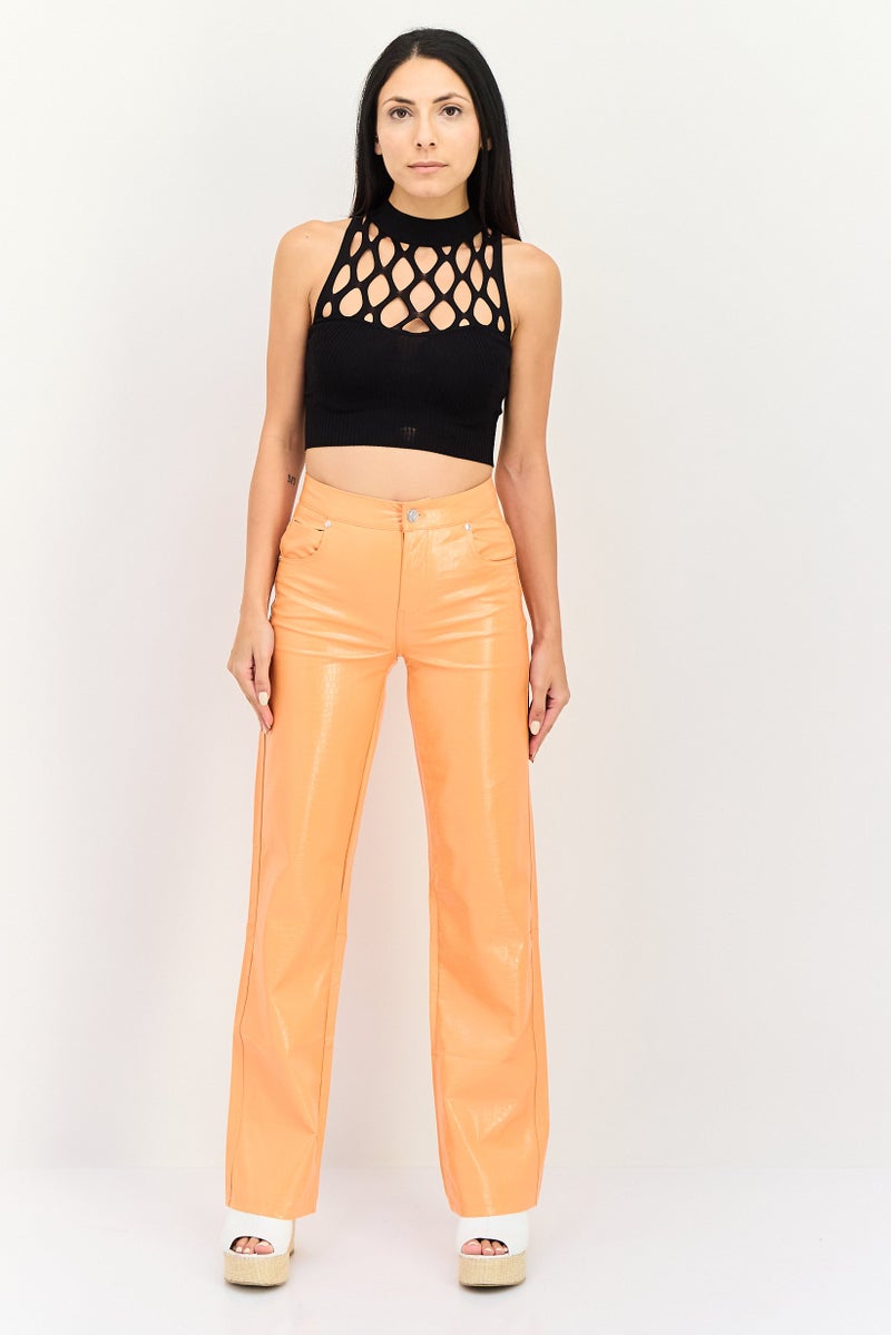 Bershka Women Regular Fit Plain Straight Leg Pants, Orange - Image 3