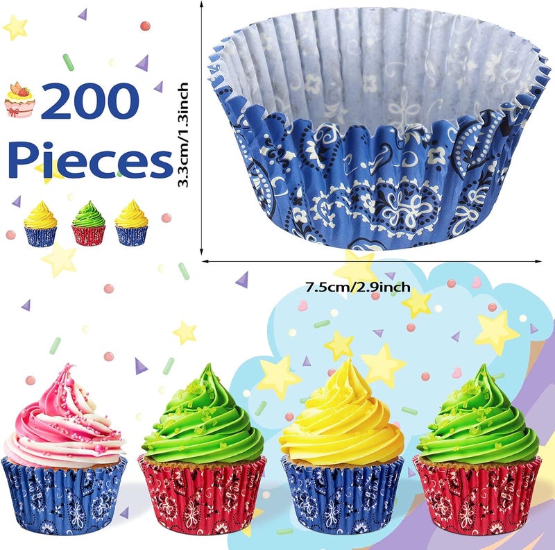 klarako 200 Pieces Western Bandana Cupcake Liners Red Blue Bandana Cupcake Wrappers Western Cowboy Cupcake Wrappers Birthday Party Cupcake Toppers for Wedding Holiday Birthday Party Decorations - Image 2