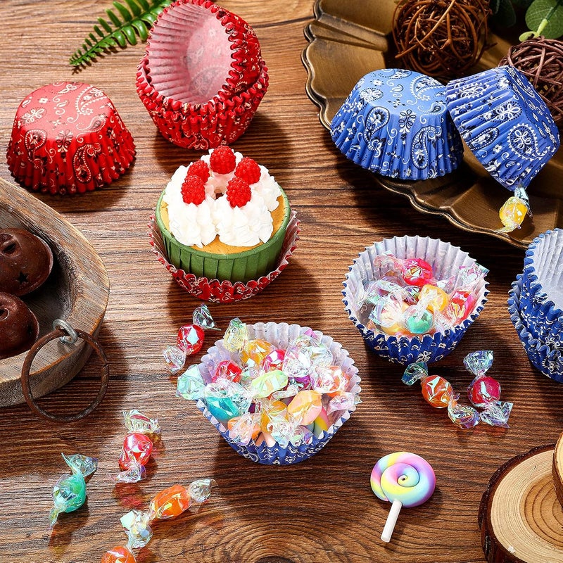 klarako 200 Pieces Western Bandana Cupcake Liners Red Blue Bandana Cupcake Wrappers Western Cowboy Cupcake Wrappers Birthday Party Cupcake Toppers for Wedding Holiday Birthday Party Decorations - Image 3