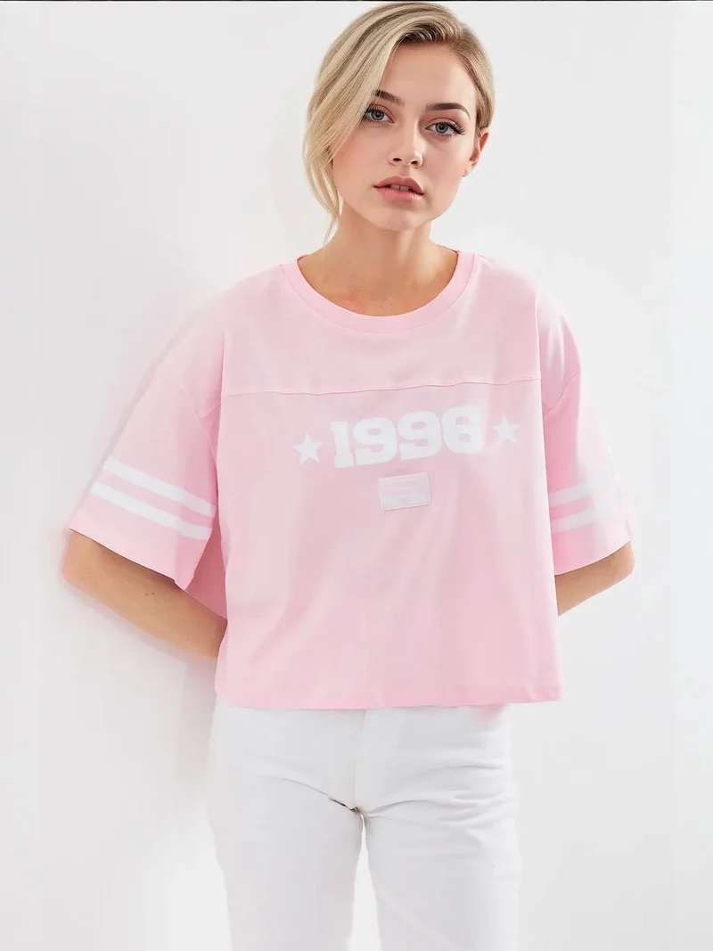 BIG DART BDART Oversized Crew Neck Crop T-Shirt with Motto Print