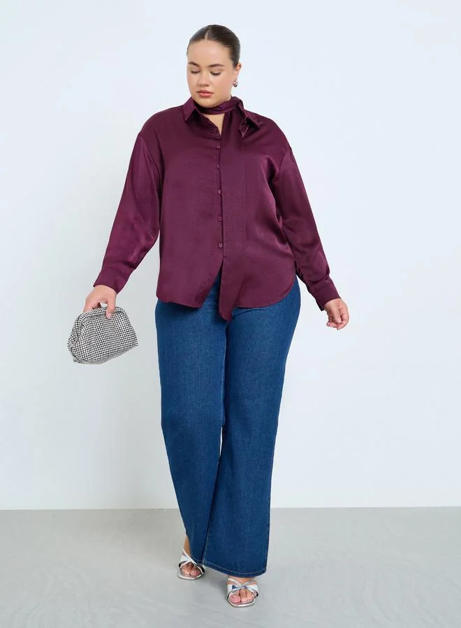 Styli Plus Size Burgundy Satin Shirt