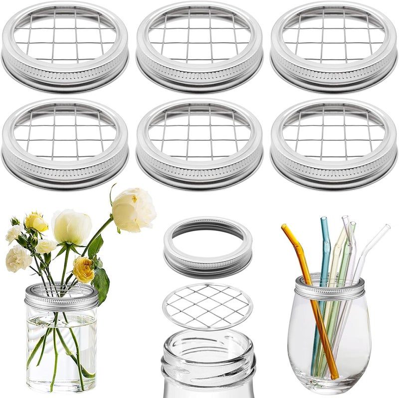 Cinvo Flower Mason Jar Insert Lid Metal Flower Organizer Frog Lid for Regular Mouth Mason Canning Jars Bouquet Easy Flower Arranging(6 Set Rings and Separate Lids) - Image 1