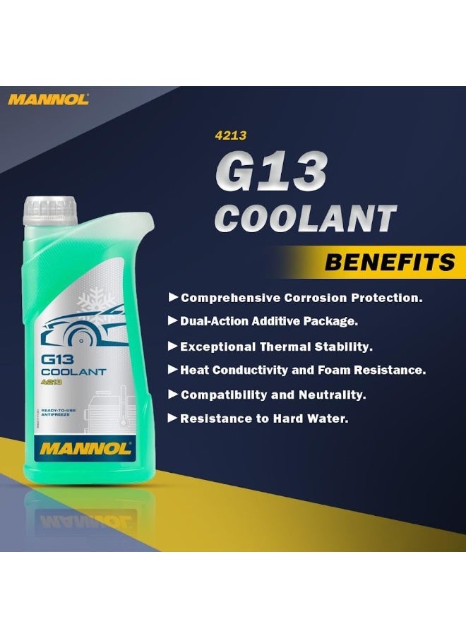 MANNOL 4212 G12/ G13/ G11 أحمر أخضر أزرق جاهز للاستخدام سائل تبريد مضاد للتجمد خالٍ من الوبر سائل نقي فترة خدمة طويلة عبوة سعة 1 لتر صنع في ألمانيا أخضر 13  - Image 3