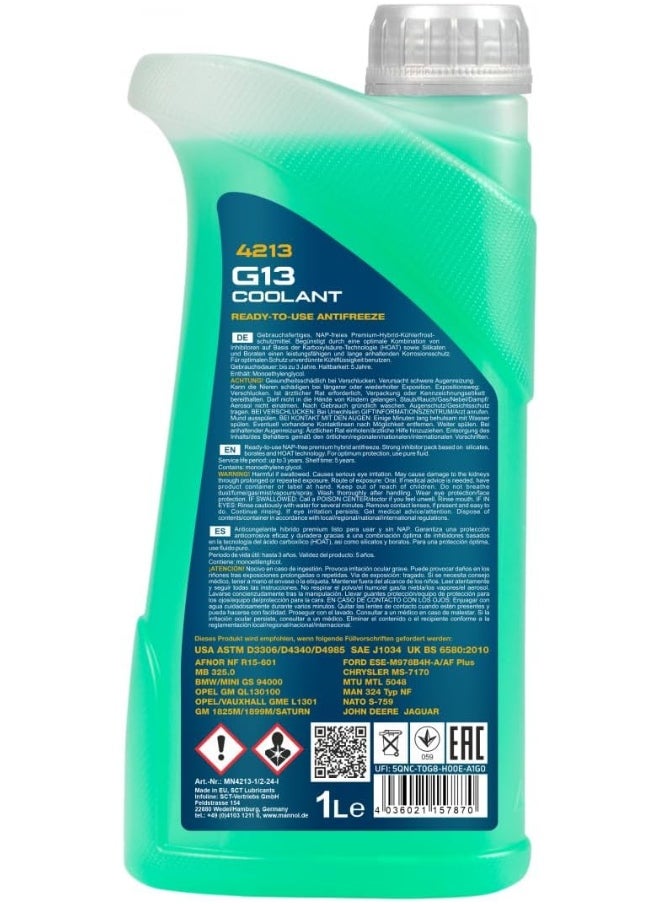 MANNOL 4212 G12/ G13/ G11 أحمر أخضر أزرق جاهز للاستخدام سائل تبريد مضاد للتجمد خالٍ من الوبر سائل نقي فترة خدمة طويلة عبوة سعة 1 لتر صنع في ألمانيا أخضر 13  - Image 2