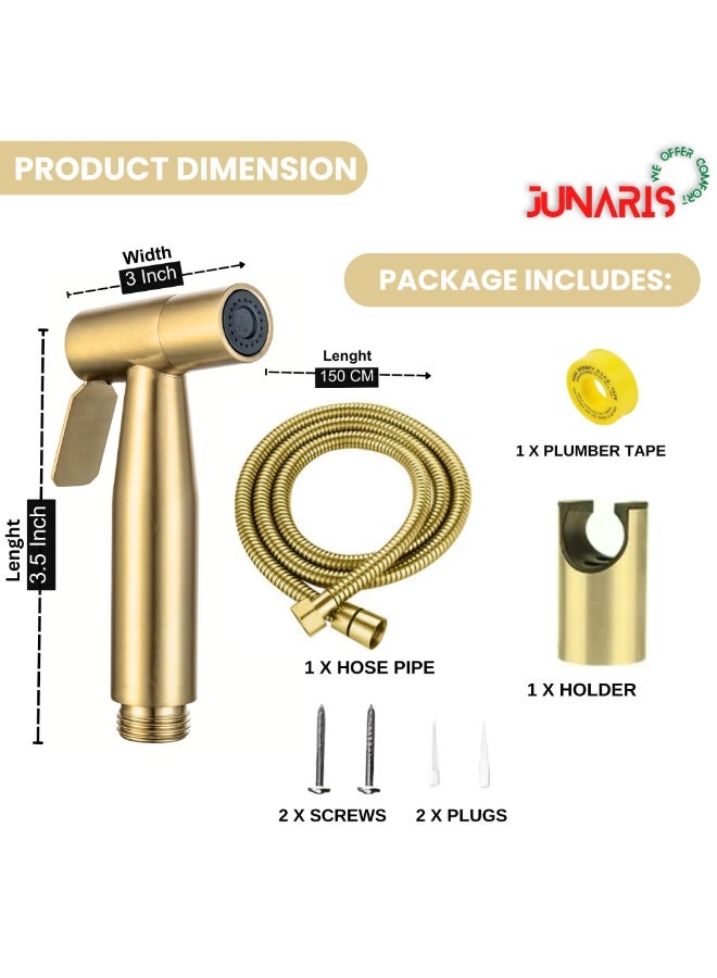 JUNARIS Handheld Bidet Spryer for toilet | Shattaf Set 304 Grade Stainless Steel Bathroom Jet Spray Set Features: Heavy-duty and durable, 120cm (Golden) - Image 2