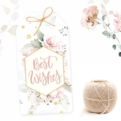 Chic a Choc Best Wishes Gift Tags in Floral Crystal Watercolor Design. Pack of 75. with Jute String for attaching to Gift Box, Cake Box. - Image 1