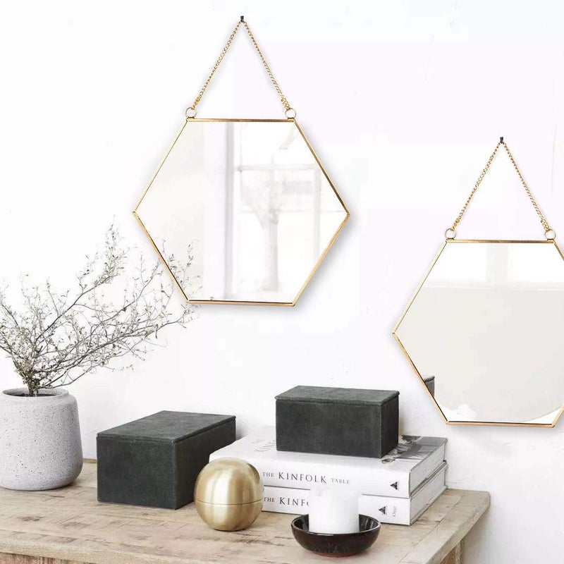 LONGWIN Hanging Wall Hexagon Mirror Decor Gold Geometric Mirror with Chain for Bathroom Bedroom Living Room 9.4"x 8.2" - Image 4