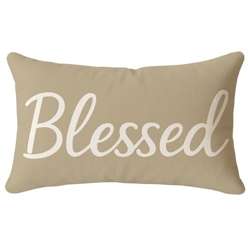 HERHOME Neutral Decor Pillow Covers 12x20 Inch Warm Taupe – Blessed Lumbar Decorative Cushion Case for Couch Sofa Bedroom Living Room Rustic Home Decorations - Image 1