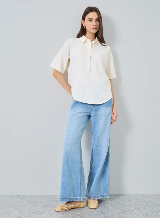 Take Two Take Two Oversized Spread Collar Short Sleeve Blouse