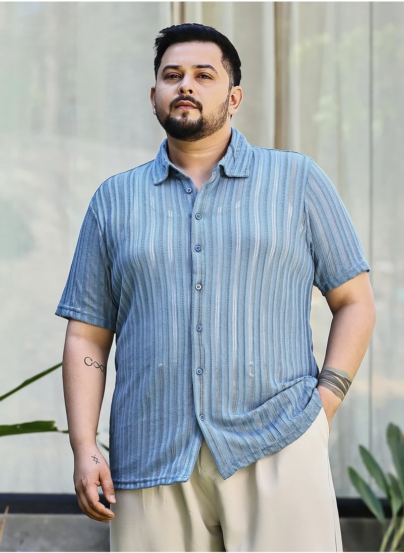 انستافاب بلس Instafab Plus Men's Cornflower Blue Ridge Knit Shirt For Casual Wear | Spread Collar | Short Regular Sleeves | Button Closure | Plus Size Shirt Crafted With Comfort Fit For Everyday Wear