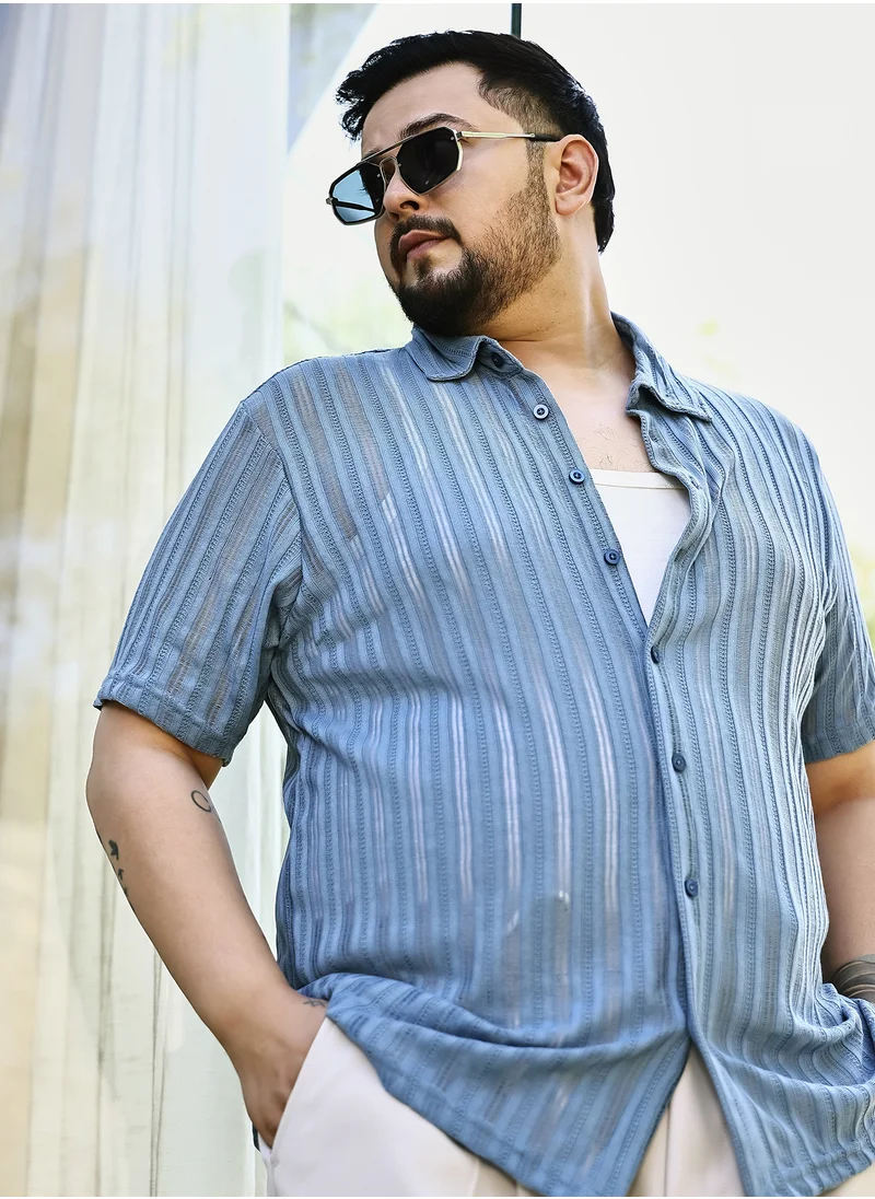 انستافاب بلس Instafab Plus Men's Cornflower Blue Ridge Knit Shirt For Casual Wear | Spread Collar | Short Regular Sleeves | Button Closure | Plus Size Shirt Crafted With Comfort Fit For Everyday Wear