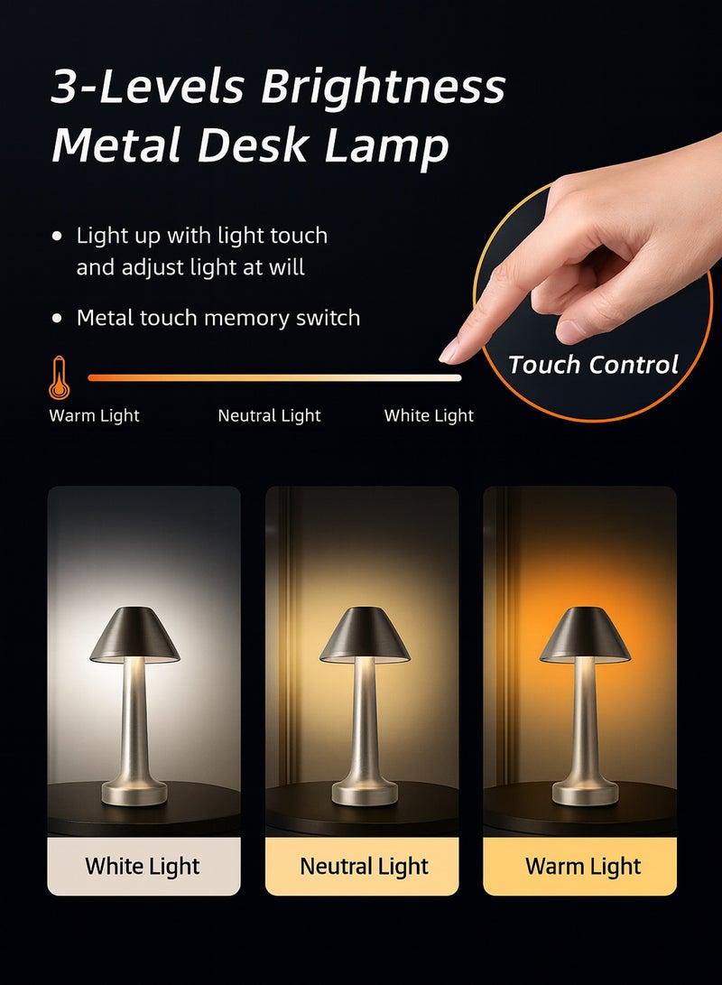 LED Table Lamp with Touch Sensor, 3 Modes, Stepless Dimming, Energy-Saving Portable Rechargeable Cordless Desk Lamp, Suitable for Bedrooms, Kids Nursery, Restaurants, Nightstand, Terraces, Hotels, Bedside Lamps  - Image 2
