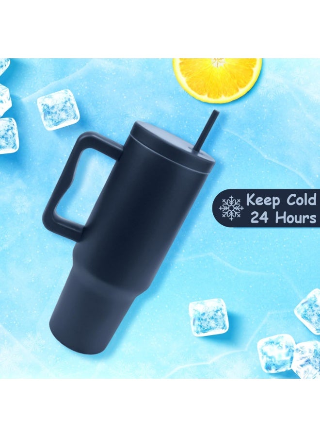 يو كيه آر كوب سفر معزول من الفولاذ المقاوم للصدأ سعة 40 أونصة من UKR بمقبض وقشة، أزرق داكن، زجاجة مياه ساخنة وباردة قابلة لإعادة الاستخدام، خالية من مادة BPA، ومقاومة للانسكاب، وتناسب حاملات الأكواب - Image 4