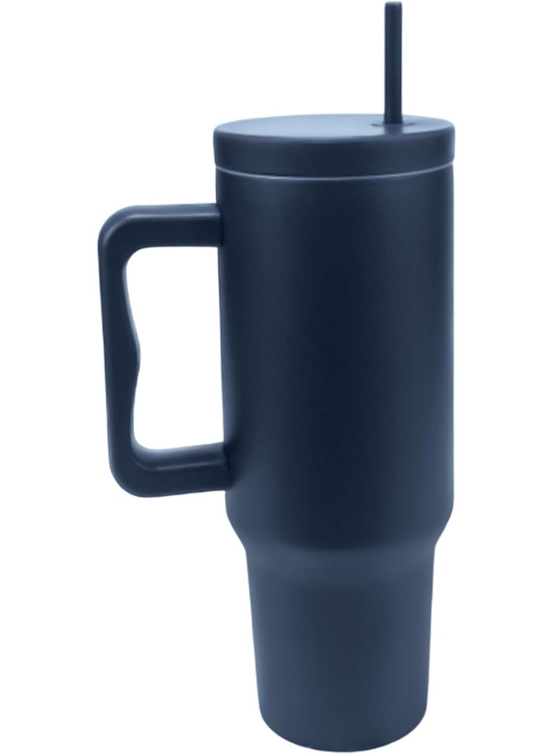 يو كيه آر كوب سفر معزول من الفولاذ المقاوم للصدأ سعة 40 أونصة من UKR بمقبض وقشة، أزرق داكن، زجاجة مياه ساخنة وباردة قابلة لإعادة الاستخدام، خالية من مادة BPA، ومقاومة للانسكاب، وتناسب حاملات الأكواب - Image 1
