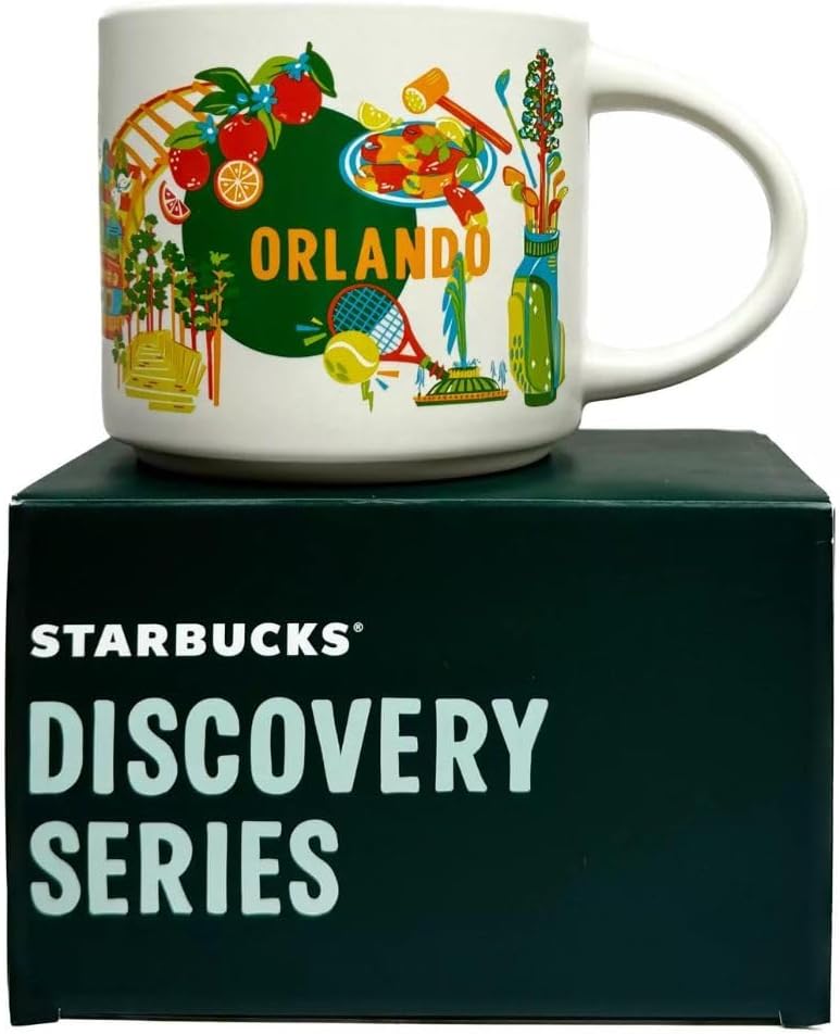Starbucks فنجان سيراميك ستاربكس ديسكفري سيريز أورلاندو 14 أونصة آمن للاستخدام في الميكروويف وغسالة الصحون باللون الأبيض العادي - Image 1