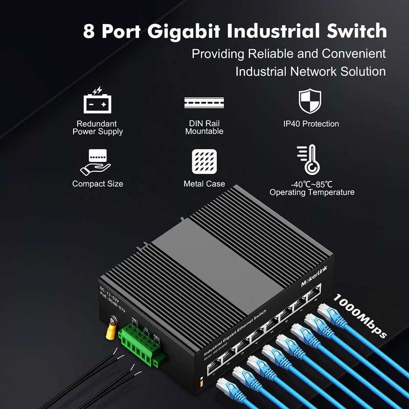 MokerLink محول ذو 8 منافذ جيجابت POE للاستخدام الصناعي، مصمم للتركيب على الرف (DIN-Rail)، بسعة تبديل بيانات تصل إلى 16 جيجابت في الثانية، مقاوم للظروف البيئية القاسية (معيار IP40)، درجة حرارة التشغيل من -40 إلى 185 فهرنهايت، مزود بمصدر طاقة من نوع UL. - Image 2