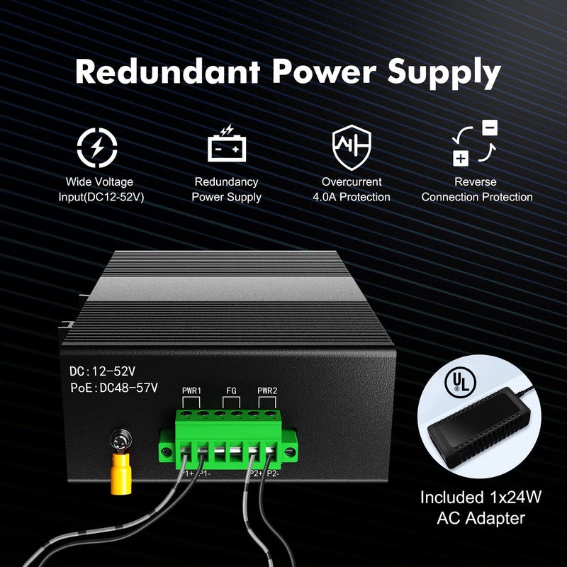 MokerLink محول ذو 8 منافذ جيجابت POE للاستخدام الصناعي، مصمم للتركيب على الرف (DIN-Rail)، بسعة تبديل بيانات تصل إلى 16 جيجابت في الثانية، مقاوم للظروف البيئية القاسية (معيار IP40)، درجة حرارة التشغيل من -40 إلى 185 فهرنهايت، مزود بمصدر طاقة من نوع UL. - Image 5