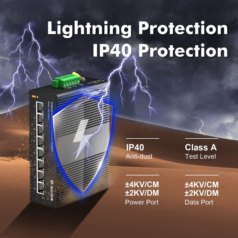 MokerLink محول ذو 8 منافذ جيجابت POE للاستخدام الصناعي، مصمم للتركيب على الرف (DIN-Rail)، بسعة تبديل بيانات تصل إلى 16 جيجابت في الثانية، مقاوم للظروف البيئية القاسية (معيار IP40)، درجة حرارة التشغيل من -40 إلى 185 فهرنهايت، مزود بمصدر طاقة من نوع UL. - Image 4