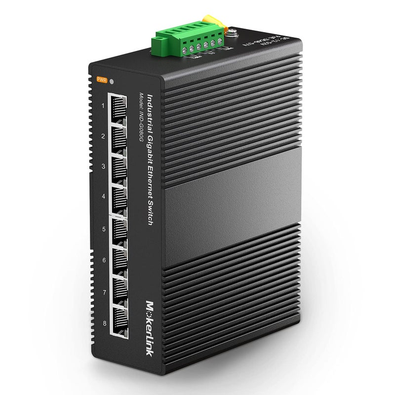 MokerLink محول ذو 8 منافذ جيجابت POE للاستخدام الصناعي، مصمم للتركيب على الرف (DIN-Rail)، بسعة تبديل بيانات تصل إلى 16 جيجابت في الثانية، مقاوم للظروف البيئية القاسية (معيار IP40)، درجة حرارة التشغيل من -40 إلى 185 فهرنهايت، مزود بمصدر طاقة من نوع UL. - Image 1