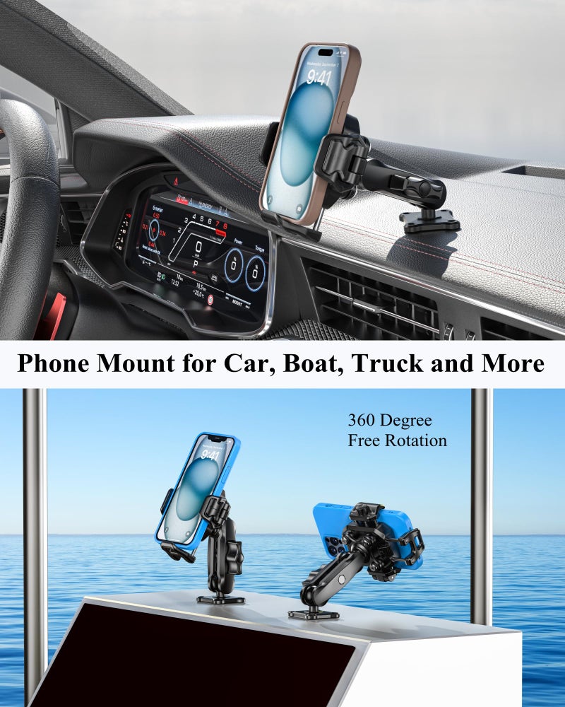 BRCOVAN Anti-Theft Phone Mount Holder with Vibration Dampener [1s Lock & Release] [Camera Friendly] with Aluminum Medium Arm & Square Base, for Car Boat Truck Motorcycle ATV UTV, Fit 5.4-7.2'' Phones - Image 2