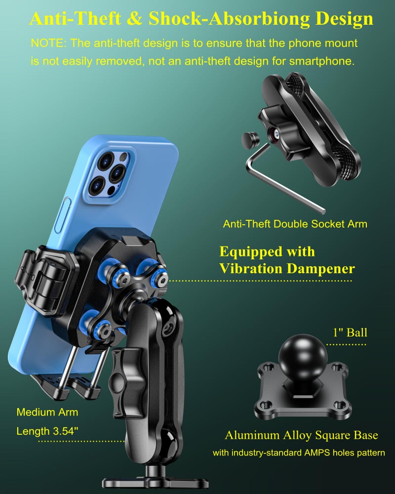 BRCOVAN Anti-Theft Phone Mount Holder with Vibration Dampener [1s Lock & Release] [Camera Friendly] with Aluminum Medium Arm & Square Base, for Car Boat Truck Motorcycle ATV UTV, Fit 5.4-7.2'' Phones - Image 3