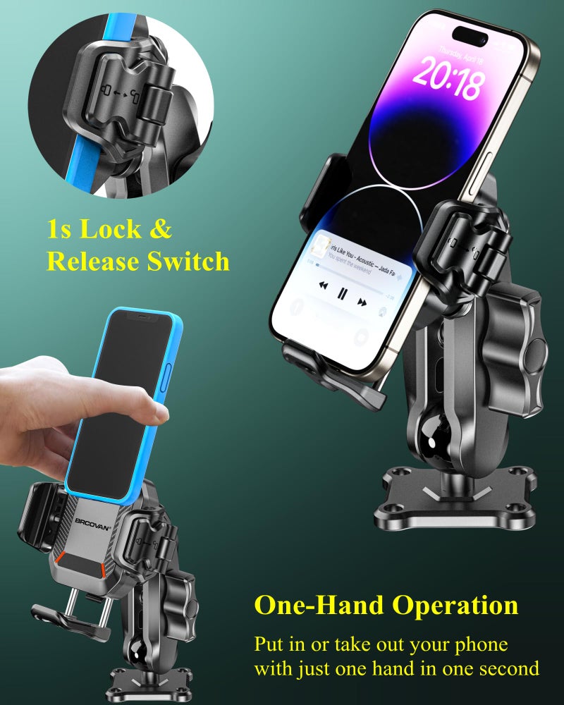 BRCOVAN Anti-Theft Phone Mount Holder with Vibration Dampener [1s Lock & Release] [Camera Friendly] with Aluminum Medium Arm & Square Base, for Car Boat Truck Motorcycle ATV UTV, Fit 5.4-7.2'' Phones - Image 4