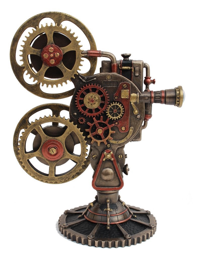 VERONESE Design Steampunk Projector Statue Cold Cast Resin Antique Bronze Finish LED Lighting Sculpture