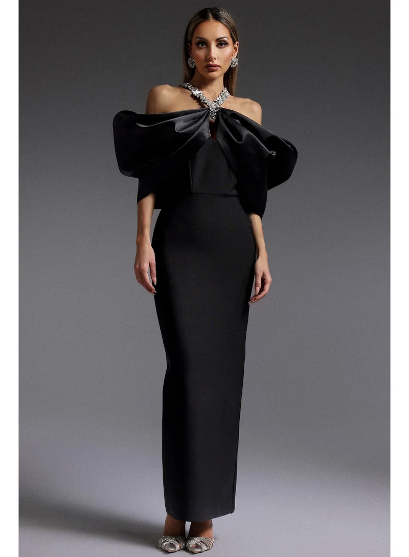 Sloan Halter Diamond Off-The-Shoulder Bandage Maxi Dress