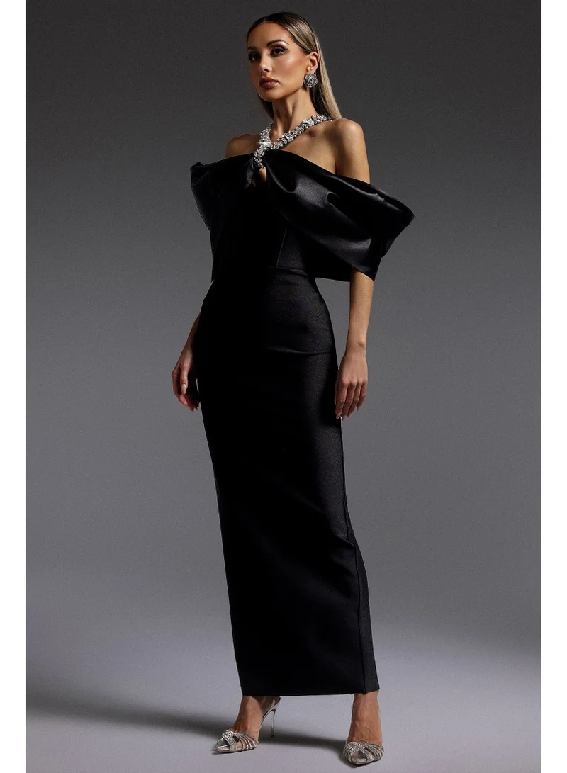 Bella Barnett  Sloan Halter Diamond Off-The-Shoulder Bandage Maxi Dress for Women | Best Price UAE