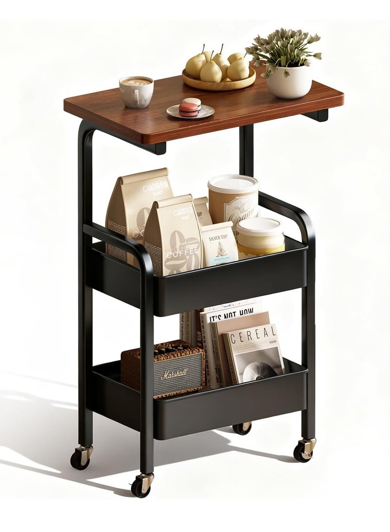CUBEXELL 3-Tier Metal Utility Rolling Cart With Drawer & Wooden Table Top With Fixed Wheel Locks For Small Spaces Kitchen Storag Office Bookshelves Bedroom Racks And Bathroom Storage (Black) - Image 1