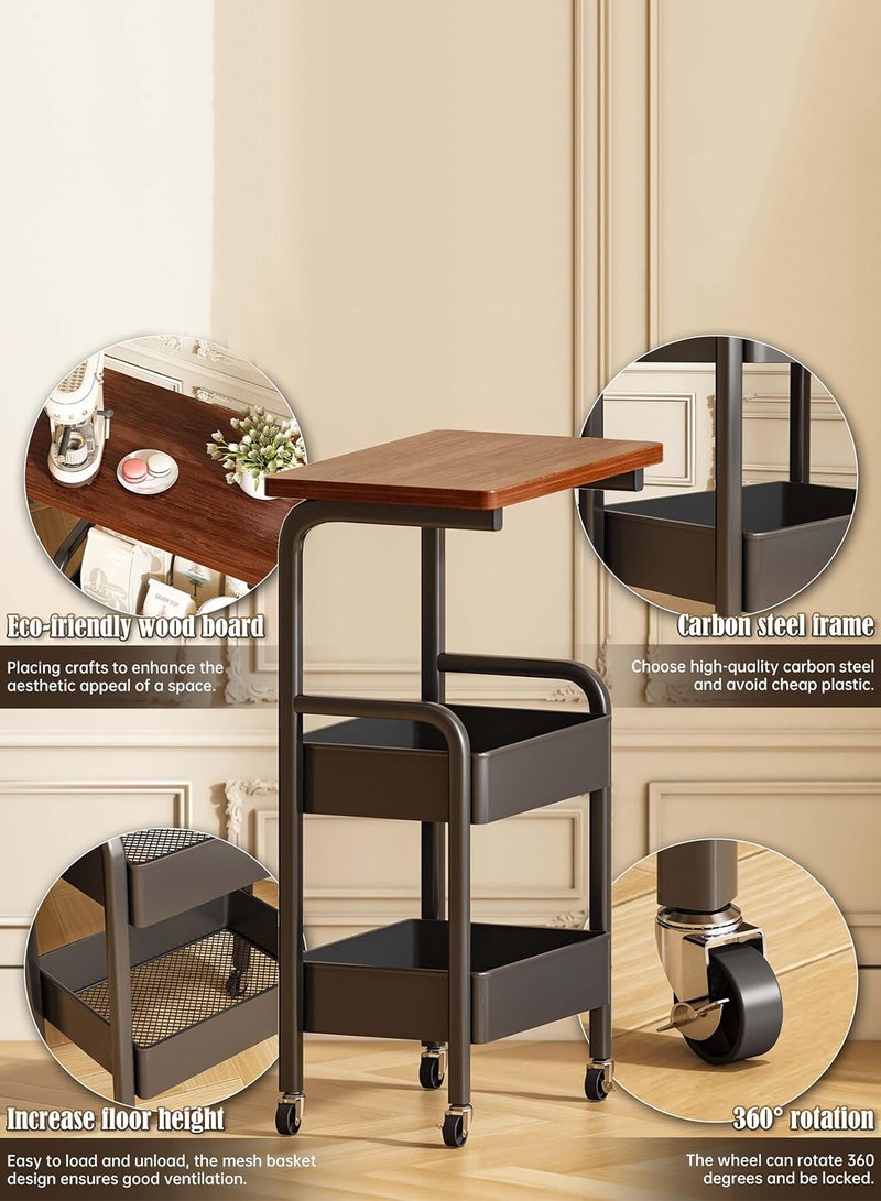 CUBEXELL 3-Tier Metal Utility Rolling Cart With Drawer & Wooden Table Top With Fixed Wheel Locks For Small Spaces Kitchen Storag Office Bookshelves Bedroom Racks And Bathroom Storage (Black) - Image 2