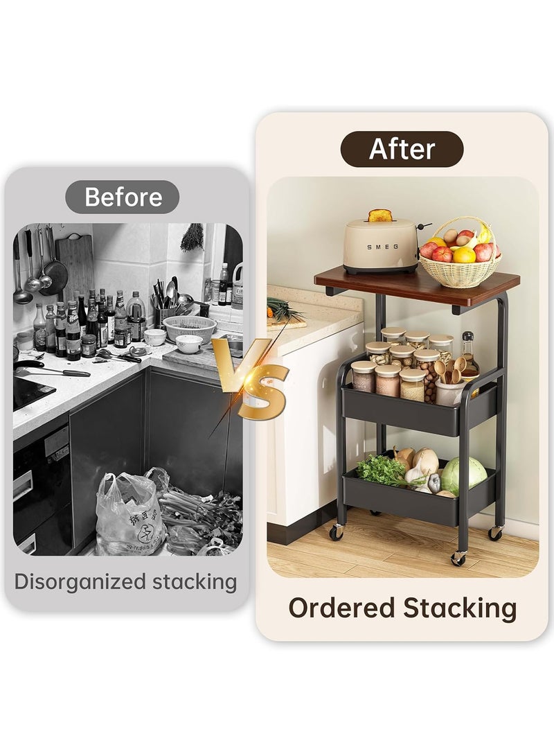 CUBEXELL 3-Tier Metal Utility Rolling Cart With Drawer & Wooden Table Top With Fixed Wheel Locks For Small Spaces Kitchen Storag Office Bookshelves Bedroom Racks And Bathroom Storage (Black) - Image 3