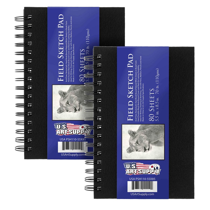US Art Supply 55 x 85 Premium Hardbound Sketch Book 2 Pack 80 Sheets Each 70 lb 110gsm Hardcover Spiral Bound Artist Field Small Sketch Pad AcidFree Drawing Pad Adults Students